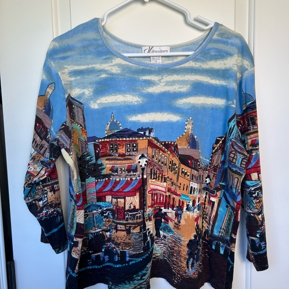 Dressbarn Multicolor Scenic Long Sleeve Tee with Beading - Picture 1 of 4